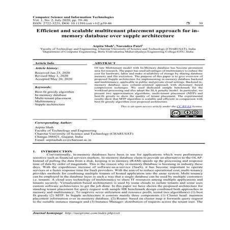 Efficient and scalable multitenant placement approach for in memory database ...