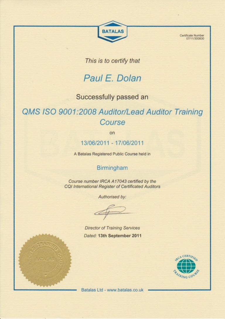 ISO 9001 2008 Auditor Lead Auditor Training Course 