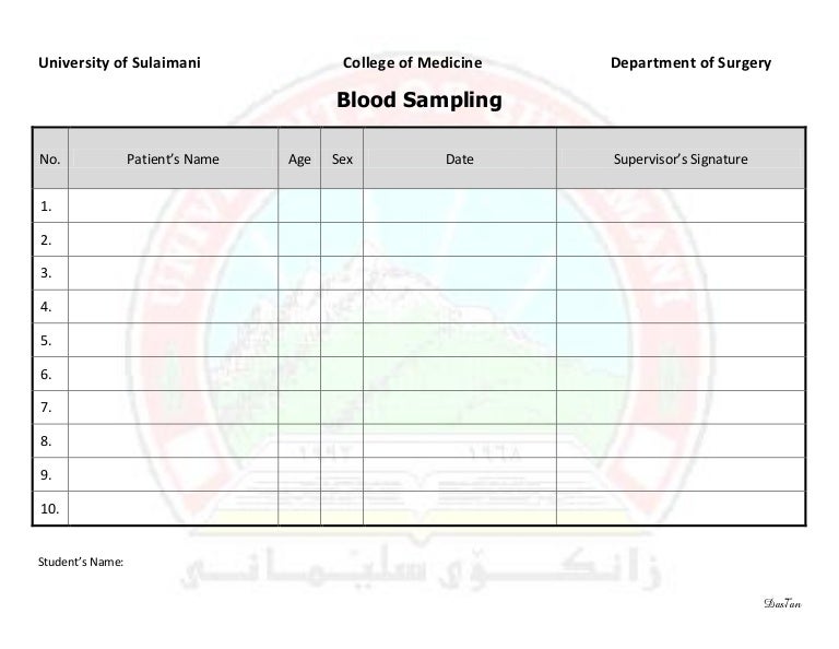 Surgery 6th year, Requirement Sheet (Blood Smapling)