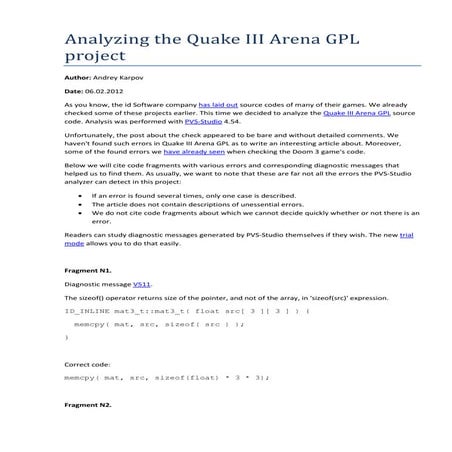 Analyzing the Quake III Arena GPL project