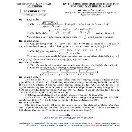 Đề thi HSG Toán 9 Hải Phòng năm 2016 - 2017