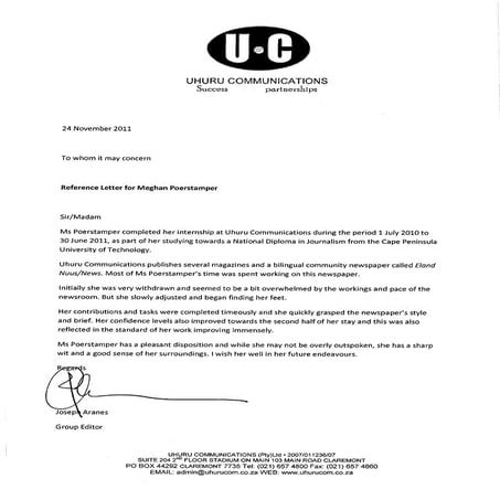 Reference Letter - Uhuru Communications | PDF
