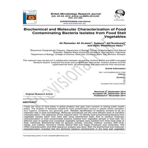 Isolation and characterization of bacteria from fruits and vegetables ...