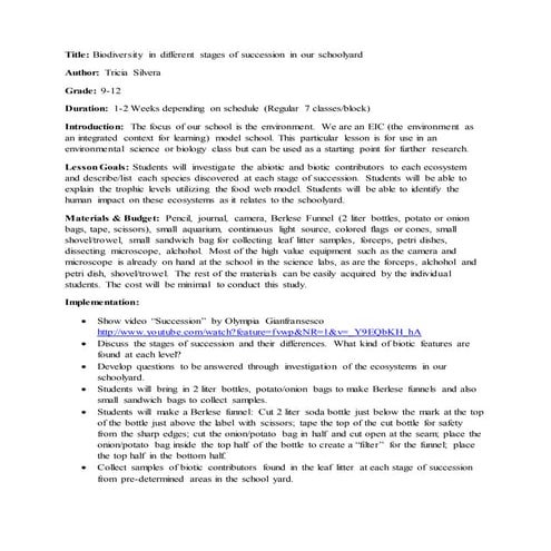 Biodiversity Daily Lesson Plan - Grade 8 Science | DOCX