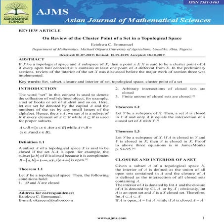 On Review of the Cluster Point of a Set in a Topological Space