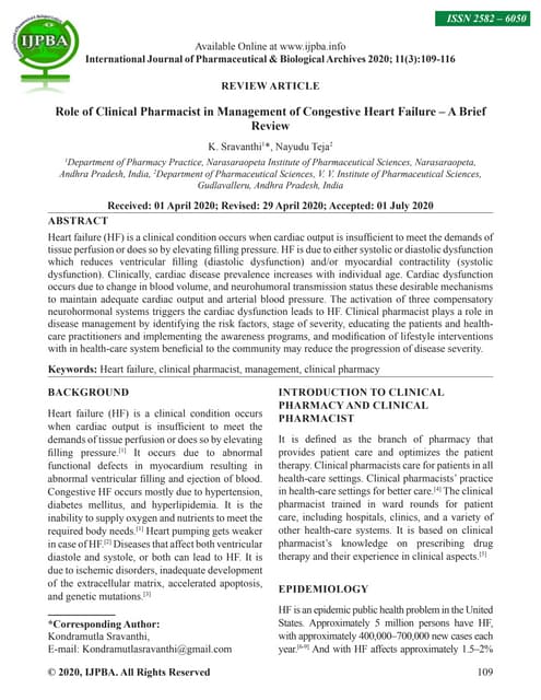 Role of Clinical Pharmacist in Management of Congestive Heart Failure