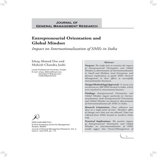 Entrepreneurial Orientation and Global Mindset: Impact on Internationalization of SMEs in India