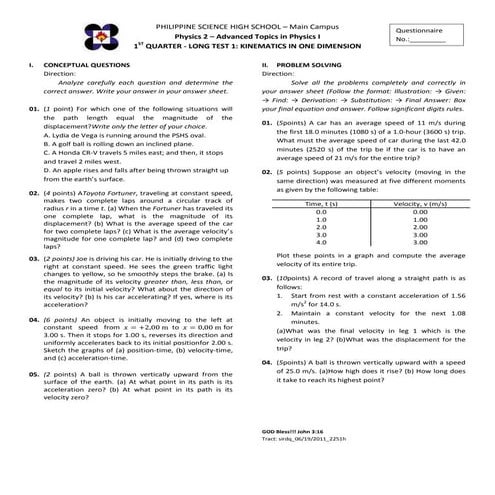 LT1: KInematics For 1D with solutions