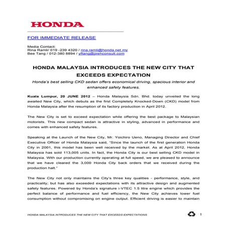 Honda City Minor Model Change Malaysian launch press release