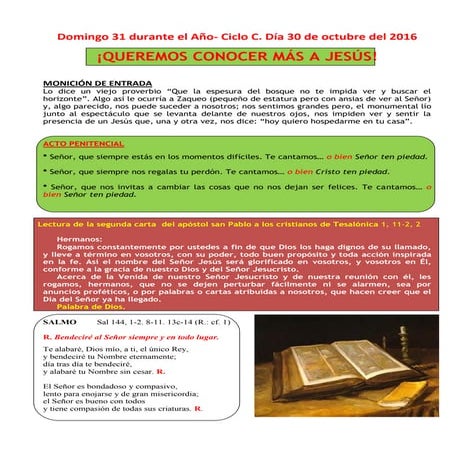 GUIÓN DE LA MISA PARA NIÑOS. TO. CICLO C. DIA 30 DE OCTUBRE DEL 2016