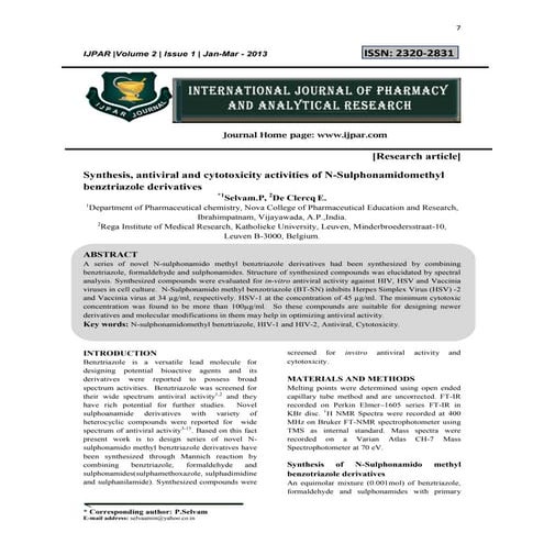 Synthesis, antiviral and cytotoxicity activities of N-Sulphonamidomethyl benz...