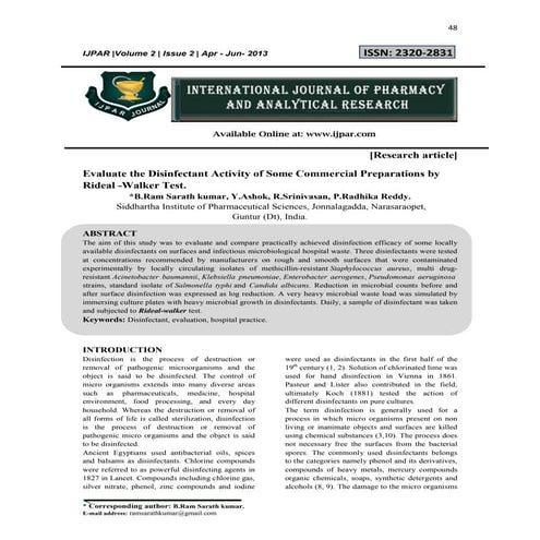 Evaluate the Disinfectant Activity of Some Commercial Preparations by Rideal ...