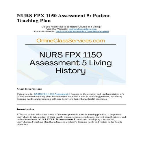 NURS FPX 1150 Assessment 5: Patient Teaching Plan