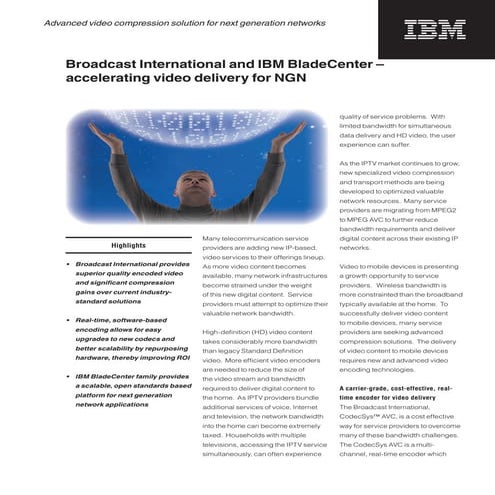 Broadcast International and IBM BladeCenter - accelerating video delivery for NGN