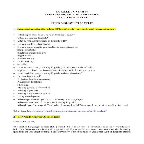 Needs assessment samples