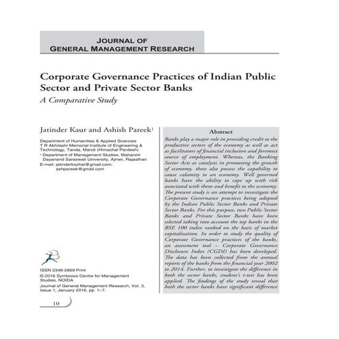 Corporate Governance Practices of Indian Public Sector and Private Sector Banks - A Comparative Study