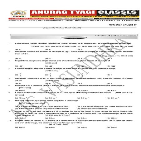 Reflection Of Light (Assignment )by Atc,ANURAG TYAGI CLASSES
