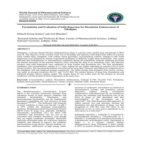 Formulation and Evaluation of Solid dispersion for Dissolution ...