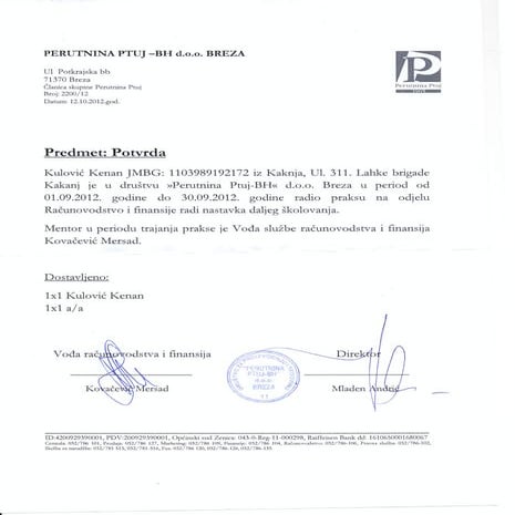 Potvrda o odrađenoj praksi - Perutnina Ptuj