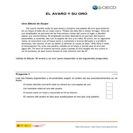 PISA comprensión lectora:El avaro y su oro
