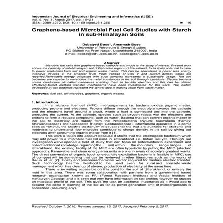 Graphene-based Microbial Fuel Cell Studies with Starch in sub-Himalayan Soils