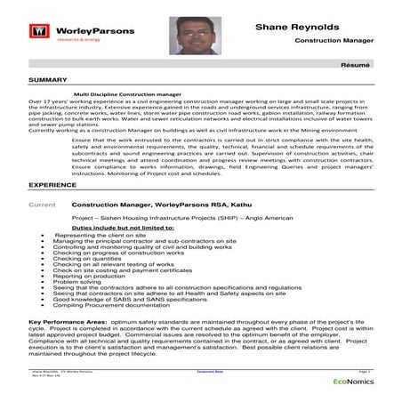 shane Reynolds - CV Worley Parsons | PDF