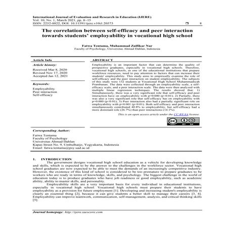 The correlation between self-efficacy and peer interaction towards students’ ...