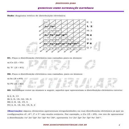 Lista de exercícios - estrutura atômica e distribuição eletrônica | PDF