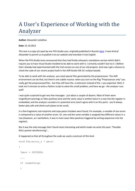 A User's Experience of Working with the Analyzer