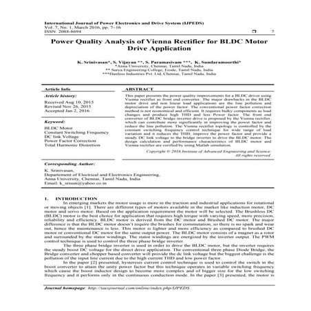 Power Quality Analysis of Vienna Rectifier for BLDC Motor Drive Application