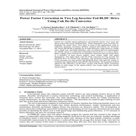 Power Factor Correction in Two Leg Inverter Fed BLDC Drive Using Cuk Dc-Dc Co...