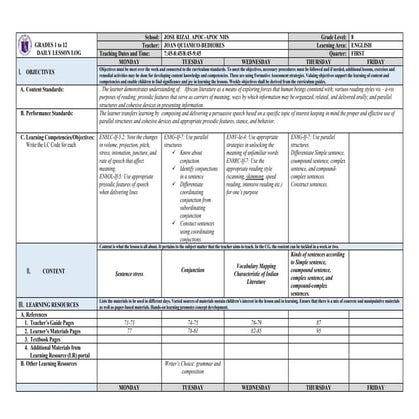 Lesson Plan in English 8 (First Quarter)