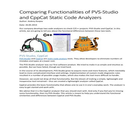 Comparing Functionalities of PVS-Studio and CppCat Static Code Analyzers