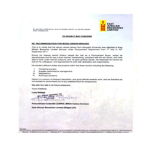 Recommendation letter. EABL-Kenya