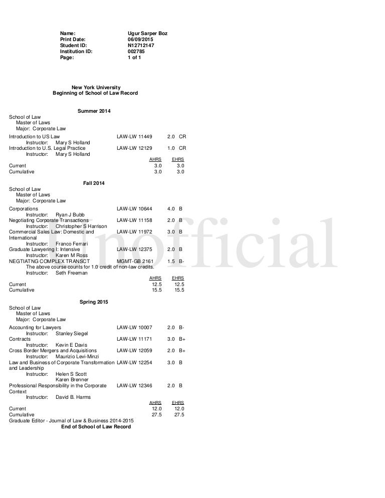NYU Unofficial Transcript