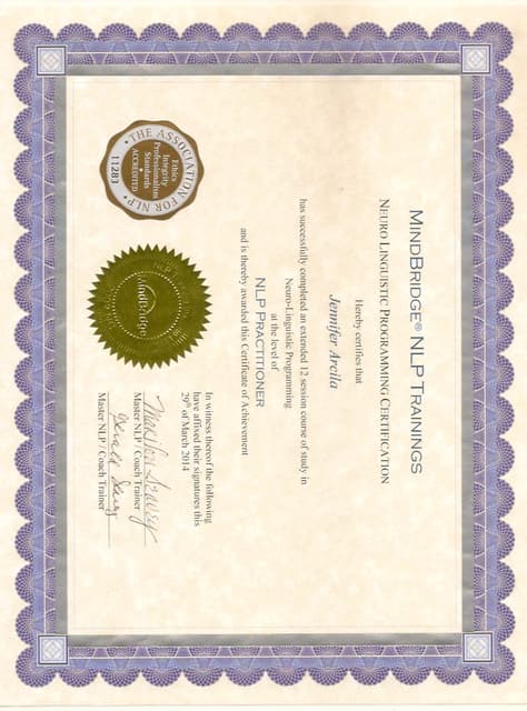 Professional NLP Coach Diploma - Mindbridge, 2015 - Jennifer ARCILA | PDF