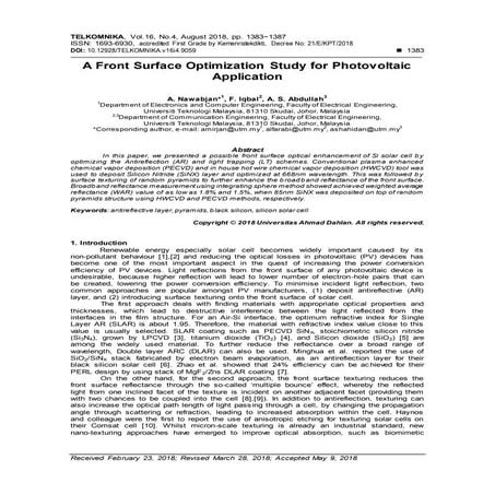 A Front Surface Optimization Study for Photovoltaic Application