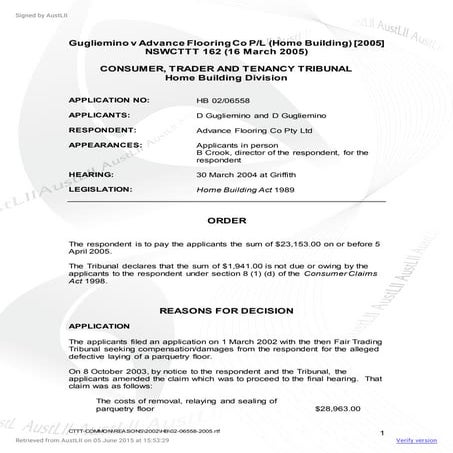 Gugliemino v Advance Flooring Co P.L (Home Building) [2005] NSWCTTT 162