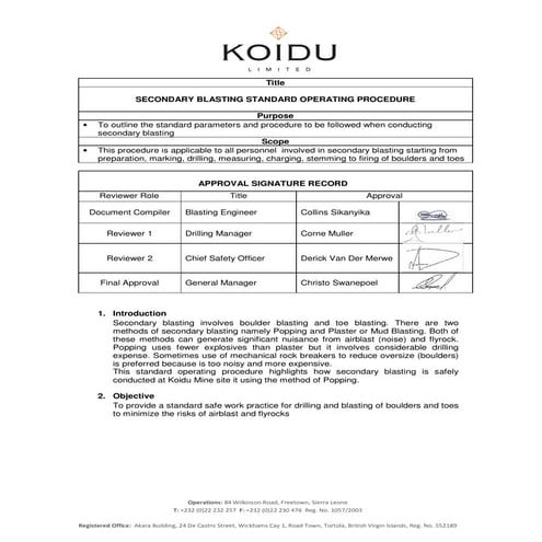 Secondary Blasting Standard Operating Procedure