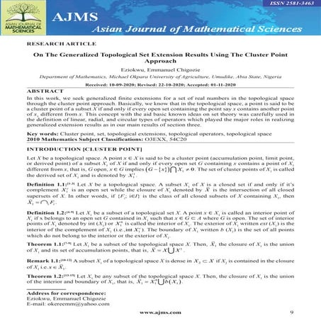 On The Generalized Topological Set Extension Results Using The Cluster Point ...