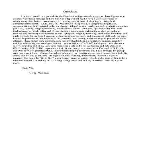 Distribution Cover Letter