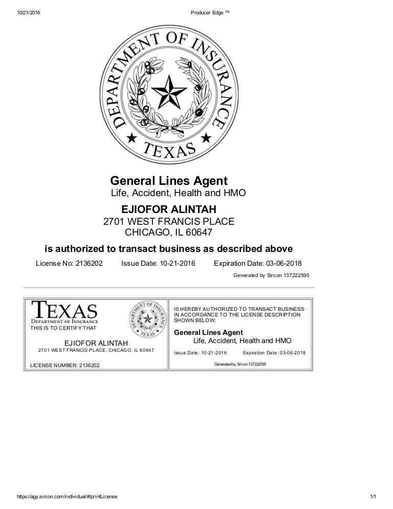 Ejiofor Alintah�s Texas NonResident Producer Insurance