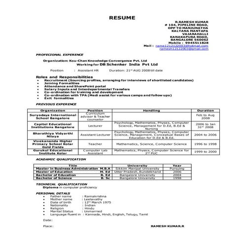 Ramesh Kumar R RESUME