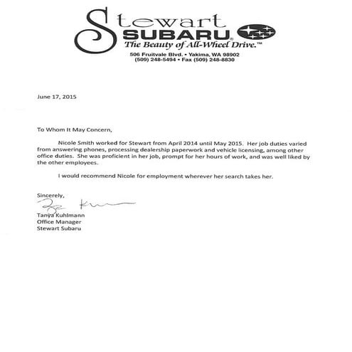 1. Stewart Subaru Letter of Rec | PDF