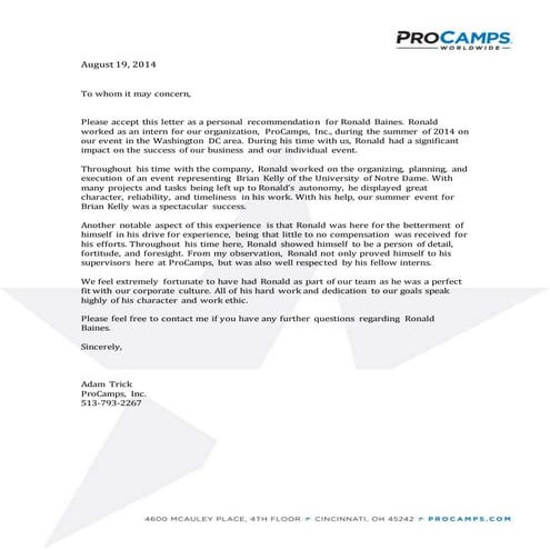 Letter of Recommendation Pro Camps | PDF