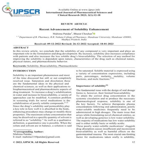 Recent Advancement of Solubility Enhancement