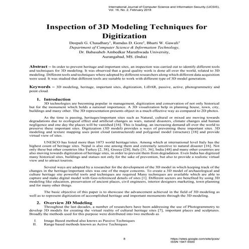 Inspection of 3D Modeling Techniques for Digitization