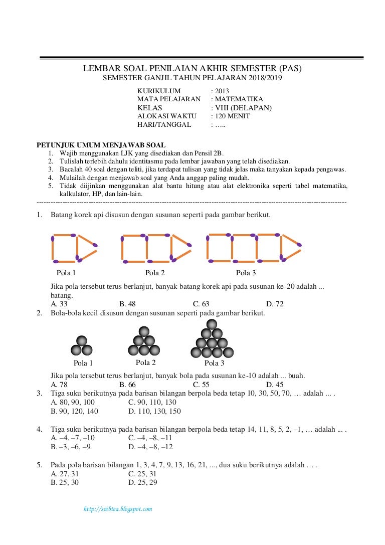Soal Latihan Matematika Penilaian Akhir Semester Kelas VIII