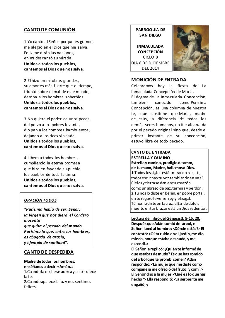GUIÓN CON CANCIONES DE LA EUCARISTIA DE LA INMACULADA. CICLO C. DIA 8…