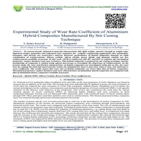 Experimental Study of Wear Rate Coefficient of Aluminium Hybrid Composites Ma...